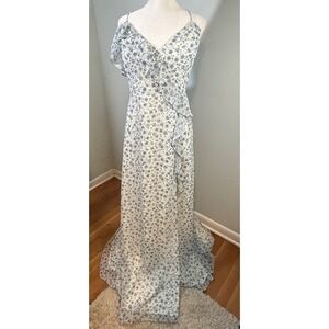 Revelry Floral Ruffle Wrap Maxi Dress Size 16 White Blue V-Neck Criss Cross Back